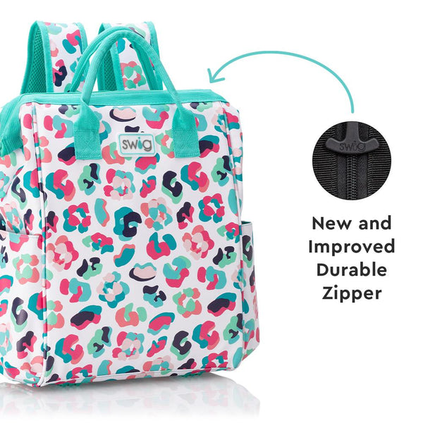 Swig Life Party Animal Packi Backpack Cooler infographic showing a closeup of the new and improved durable zipper