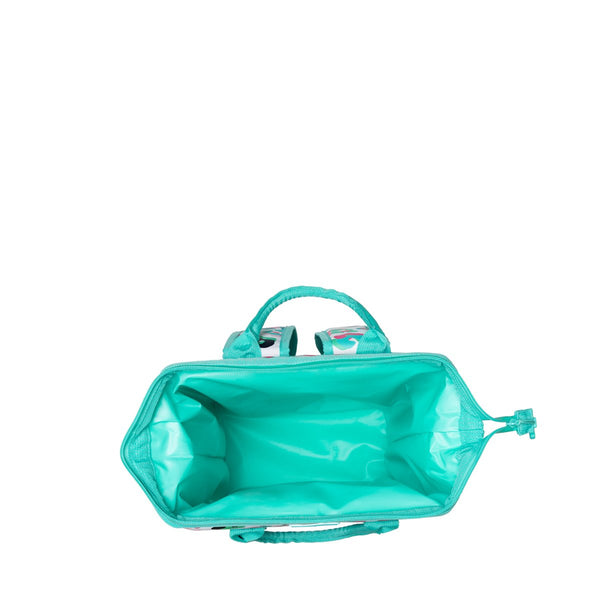 Swig Life Party Animal Packi Backpack Cooler shown open from the top with aqua insulated liner
