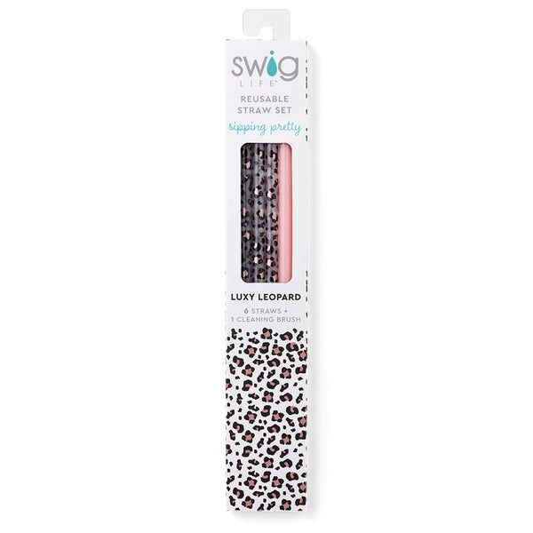Swig Life Luxy Leopard + Blush Reusable Straw Set inside packaging