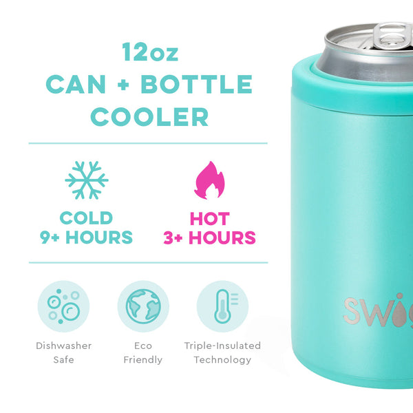 Swig Life 12oz Aqua Can + Bottle Cooler temperature infographic - cold 9+ hours and hot 3+ hours