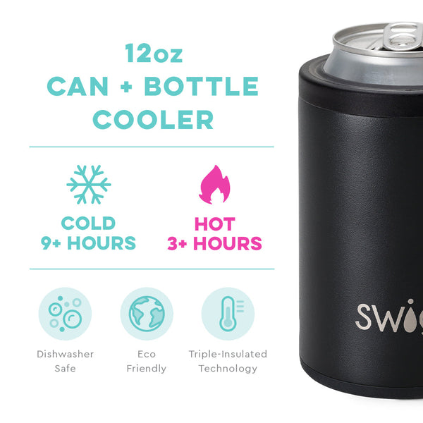 Swig Life 12oz Black Can + Bottle Cooler temperature infographic - cold 9+ hours and hot 3+ hours