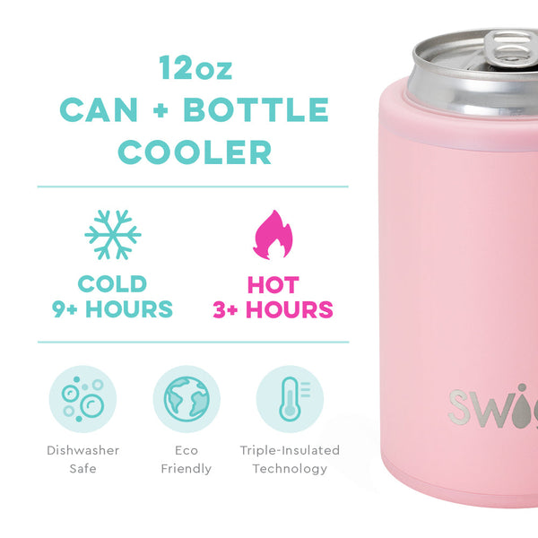 Swig Life 12oz Blush Can + Bottle Cooler temperature infographic - cold 9+ hours and hot 3+ hours