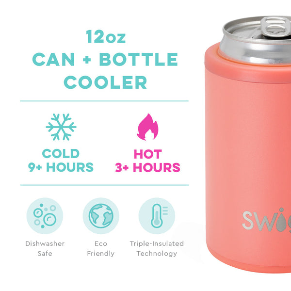 Swig Life 12oz Coral Can + Bottle Cooler temperature infographic - cold 9+ hours and hot 3+ hours