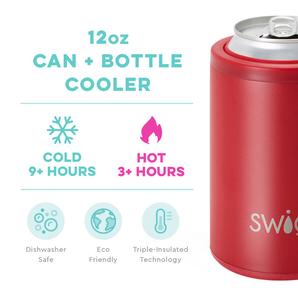 Swig Life 12oz Crimson Can + Bottle Cooler temperature infographic - cold 9+ hours and hot 3+ hours