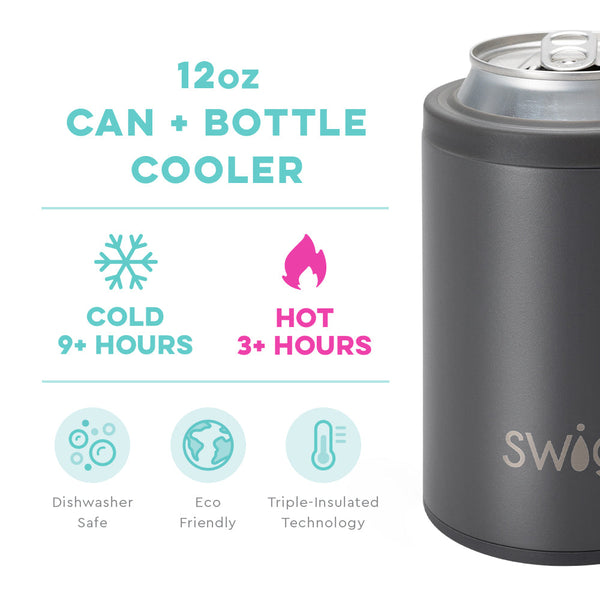 Swig Life 12oz Grey Can + Bottle Cooler temperature infographic - cold 9+ hours and hot 3+ hours