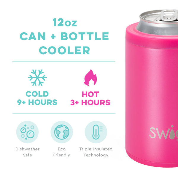 Swig Life 12oz Hot Pink Can + Bottle Cooler temperature infographic - cold 9+ hours and hot 3+ hours