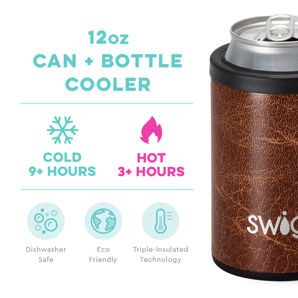 Swig Life 12oz Leather Can + Bottle Cooler temperature infographic - cold 9+ hours and hot 3+ hours