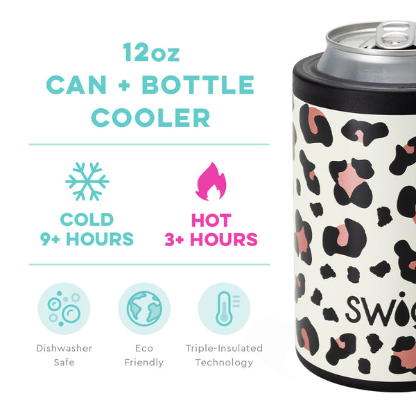 Swig Life 12oz Luxy Leopard Can + Bottle Cooler temperature infographic - cold 9+ hours and hot 3+ hours