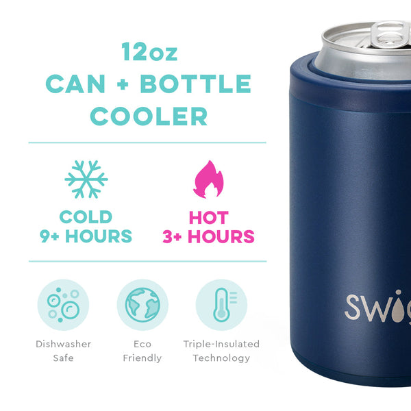 Swig Life 12oz Navy Can + Bottle Cooler temperature infographic - cold 9+ hours and hot 3+ hours