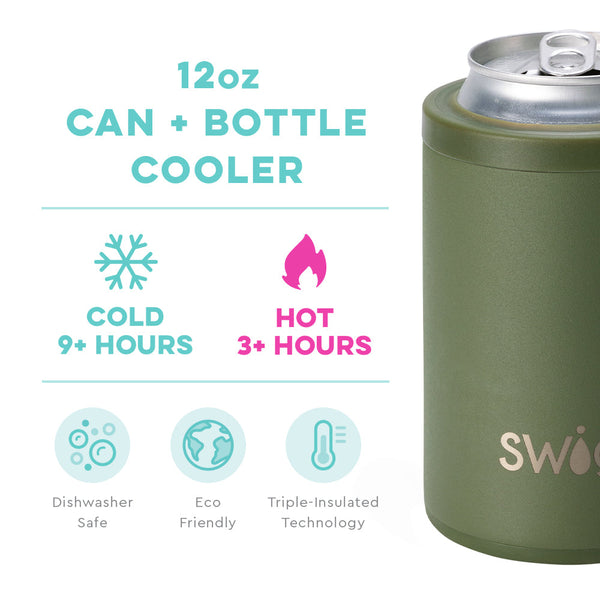 Swig Life 12oz Olive Can + Bottle Cooler temperature infographic - cold 9+ hours and hot 3+ hours