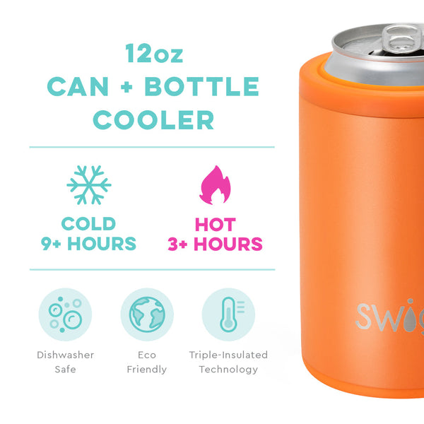 Swig Life 12oz Orange Can + Bottle Cooler temperature infographic - cold 9+ hours and hot 3+ hours