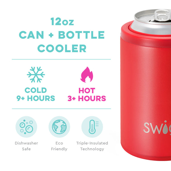 Swig Life 12oz Red Can + Bottle Cooler temperature infographic - cold 9+ hours and hot 3+ hours