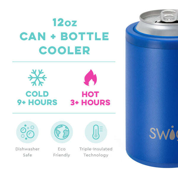 Swig Life 12oz Royal Can + Bottle Cooler temperature infographic - cold 9+ hours and hot 3+ hours