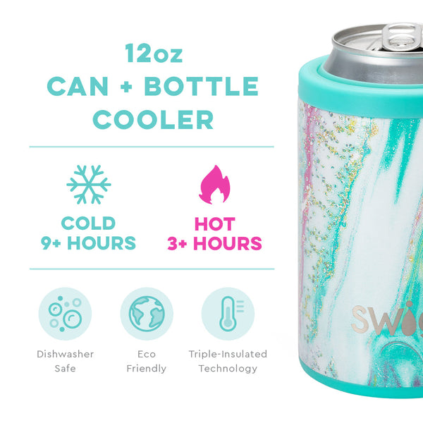 Swig Life 12oz Wanderlust Can + Bottle Cooler temperature infographic - cold 9+ hours and hot 3+ hours