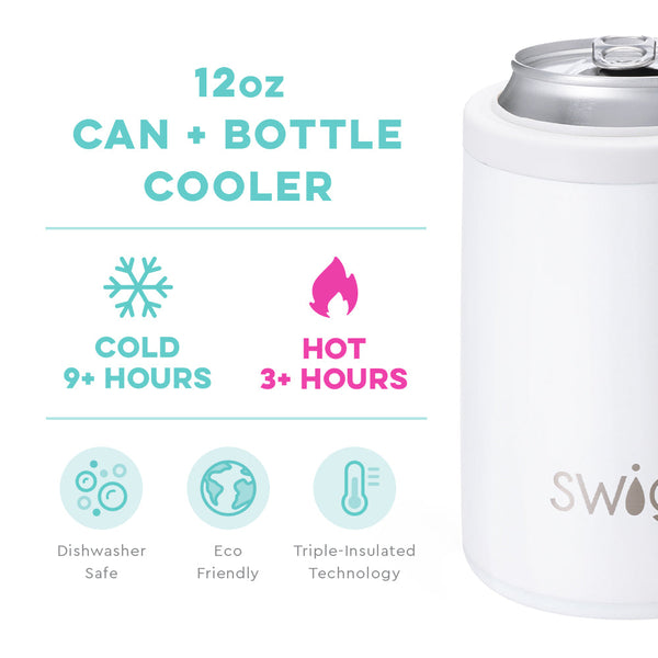 Swig Life 12oz White Can + Bottle Cooler temperature infographic - cold 9+ hours and hot 3+ hours
