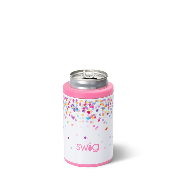 Swig Life 12oz Confetti Insulated Can + Bottle Cooler shown with a can inside