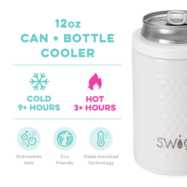 Swig Life 12oz Golf Partee Can + Bottle Cooler temperature infographic - cold 9+ hours and hot 3+ hours