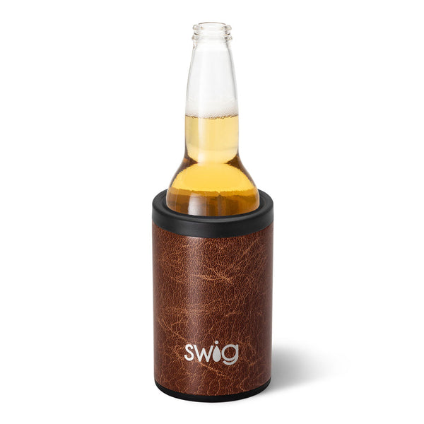 Swig Life 12oz Leather Insulated Can + Bottle Cooler shown with a bottle inside