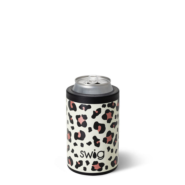 Swig Life 12oz Luxy Leopard Insulated Can + Bottle Cooler shown with a can inside