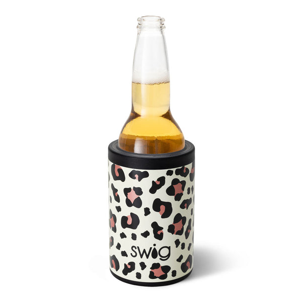 Swig Life 12oz Luxy Leopard Insulated Can + Bottle Cooler shown with a bottle inside