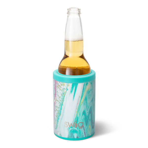 Swig Life 12oz Wanderlust Insulated Can + Bottle Cooler shown with a bottle inside