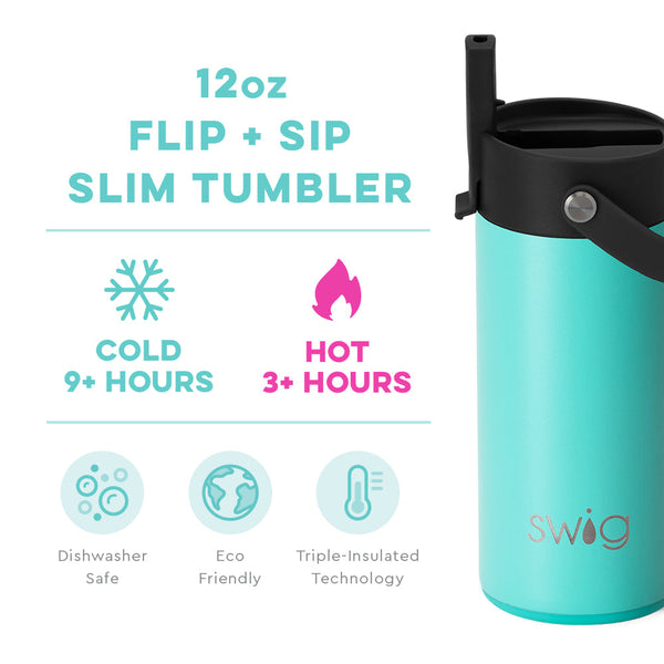 Swig Life 12oz Aqua Flip + Sip Slim Tumbler temperature infographic - cold 9+ hours or hot 3+ hours
