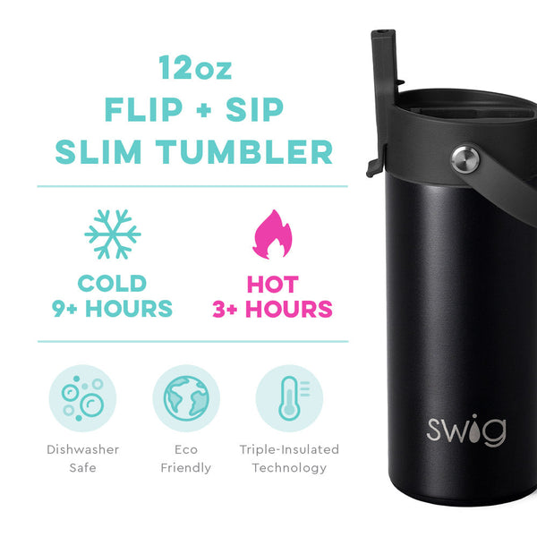 Swig Life 12oz Black Flip + Sip Slim Tumbler temperature infographic - cold 9+ hours or hot 3+ hours