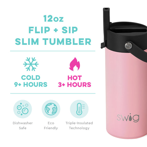 Swig Life 12oz Blush Flip + Sip Slim Tumbler temperature infographic - cold 9+ hours or hot 3+ hours