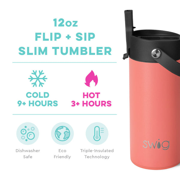 Swig Life 12oz Coral Flip + Sip Slim Tumbler temperature infographic - cold 9+ hours or hot 3+ hours