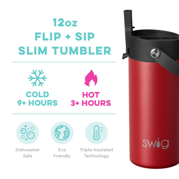 Swig Life 12oz Crimson Flip + Sip Slim Tumbler temperature infographic - cold 9+ hours or hot 3+ hours