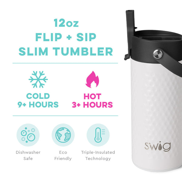 Swig Life Insulated Golf 12oz Flip + Sip Slim Tumbler temperature infographic - cold 9+ hours or hot 3+ hours