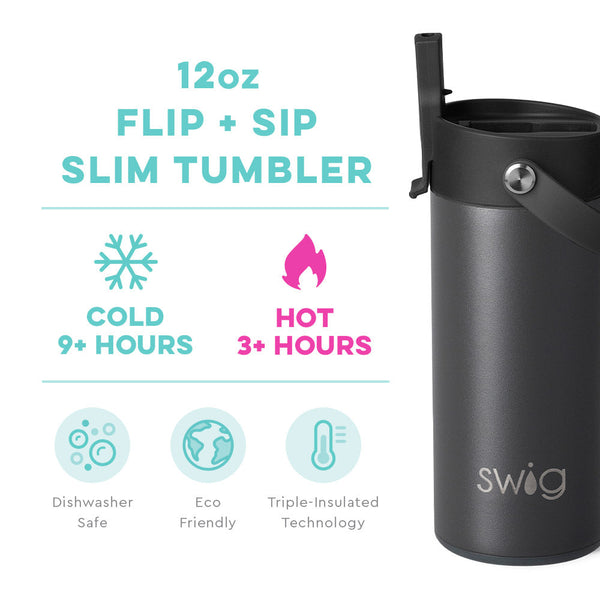 Swig Life 12oz Grey Flip + Sip Slim Tumbler temperature infographic - cold 9+ hours or hot 3+ hours