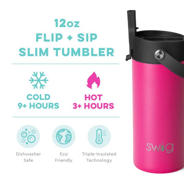 Swig Life 12oz Hot Pink Flip + Sip Slim Tumbler temperature infographic - cold 9+ hours or hot 3+ hours