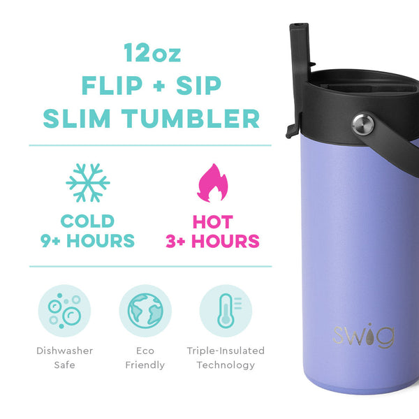 Swig Life 12oz Hydrangea Flip + Sip Slim Tumbler temperature infographic - cold 9+ hours or hot 3+ hours