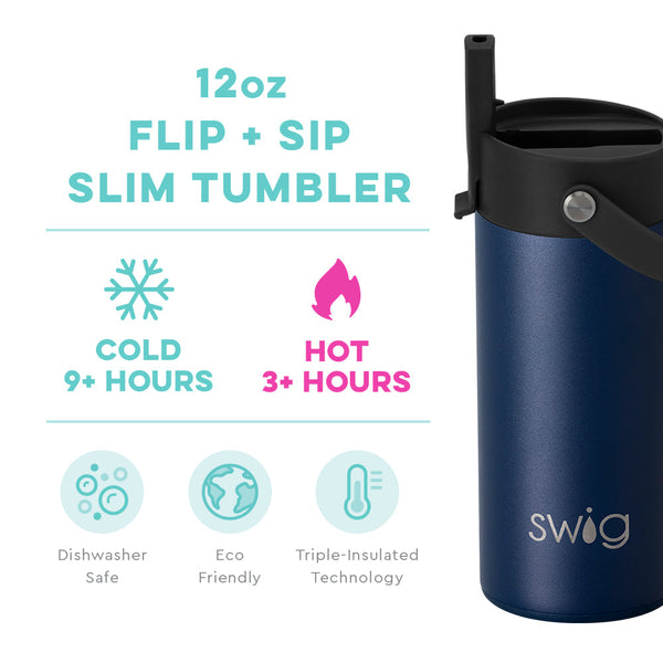Swig Life 12oz Navy Flip + Sip Slim Tumbler temperature infographic - cold 9+ hours or hot 3+ hours