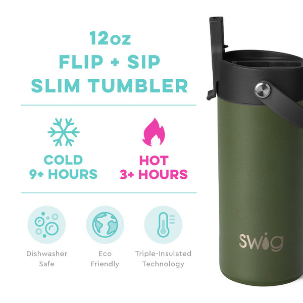 Swig Life 12oz Olive Flip + Sip Slim Tumbler temperature infographic - cold 9+ hours or hot 3+ hours