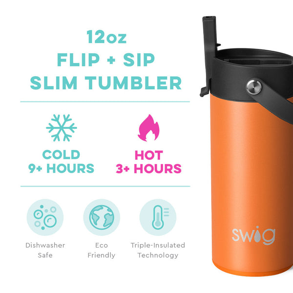 Swig Life 12oz Orange Flip + Sip Slim Tumbler temperature infographic - cold 9+ hours or hot 3+ hours
