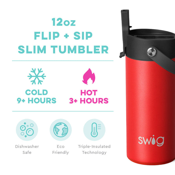 Swig Life 12oz Red Flip + Sip Slim Tumbler temperature infographic - cold 9+ hours or hot 3+ hours