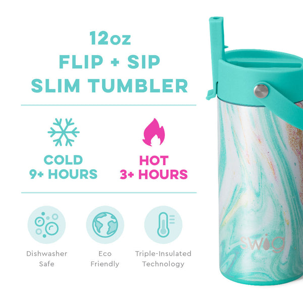 Swig Life 12oz Wanderlust Insulated Flip + Sip Tumbler temperature infographic - cold 9+ hours or hot 3+ hours