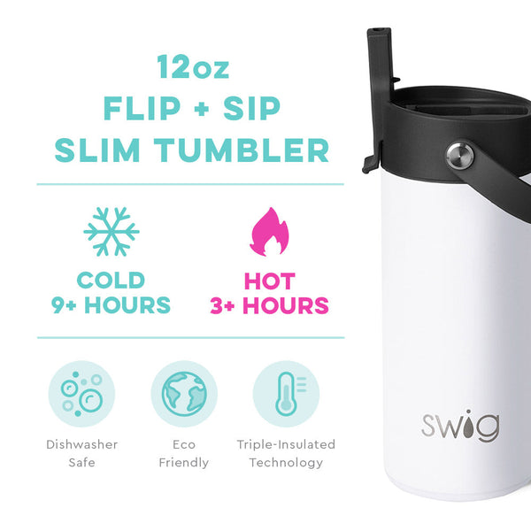 Swig Life 12oz White Flip + Sip Slim Tumbler temperature infographic - cold 9+ hours or hot 3+ hours