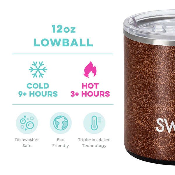 Swig Life 12oz Leather Lowball Tumbler temperature infographic - cold 9+ hours and hot 3+ hours