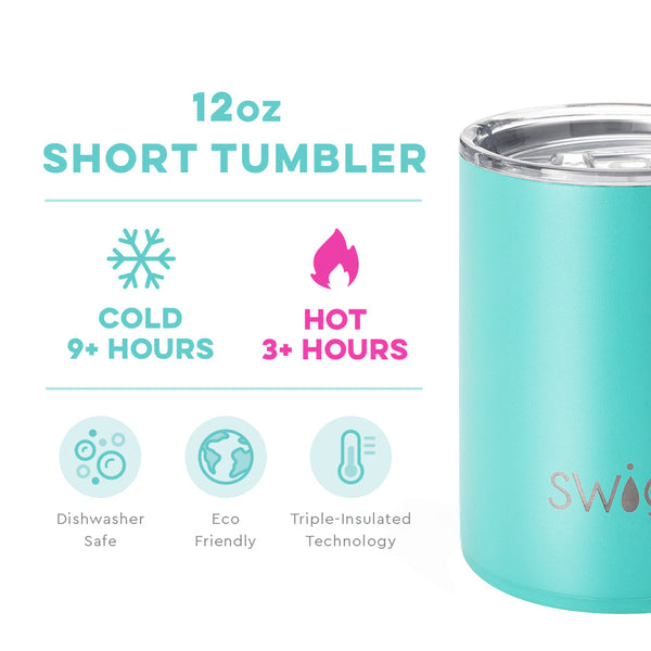 Swig Life 12oz Aqua Short Tumbler temperature infographic - cold 9+ hours or hot 3+ hours
