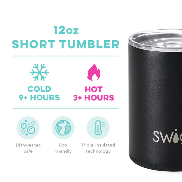 Swig Life 12oz Black Short Tumbler temperature infographic - cold 9+ hours or hot 3+ hours