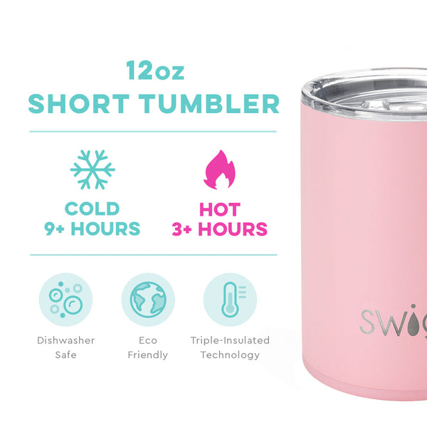 Swig Life 12oz Blush Short Tumbler temperature infographic - cold 9+ hours or hot 3+ hours