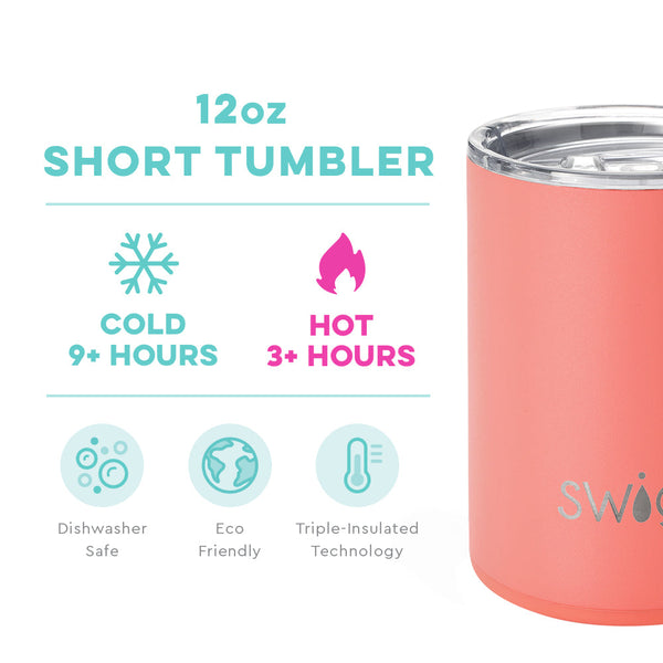 Swig Life 12oz Coral Short Tumbler temperature infographic - cold 9+ hours or hot 3+ hours