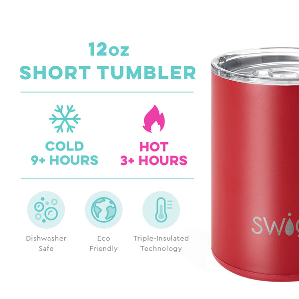 Swig Life 12oz Crimson Short Tumbler temperature infographic - cold 9+ hours or hot 3+ hours
