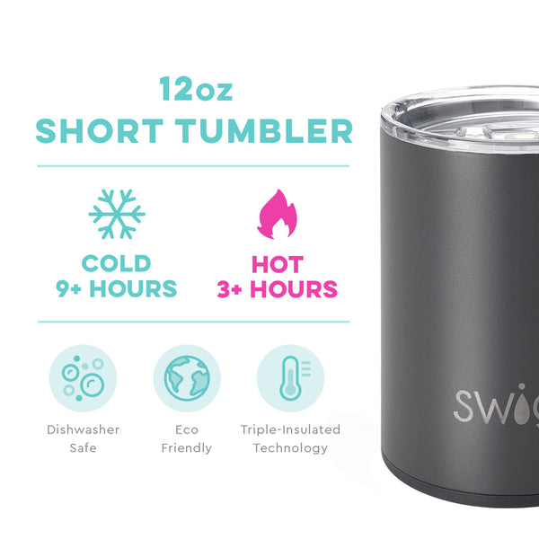 Swig Life 12oz Grey Short Tumbler temperature infographic - cold 9+ hours or hot 3+ hours
