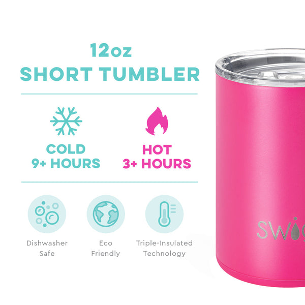 Swig Life 12oz Hot Pink Short Tumbler temperature infographic - cold 9+ hours or hot 3+ hours