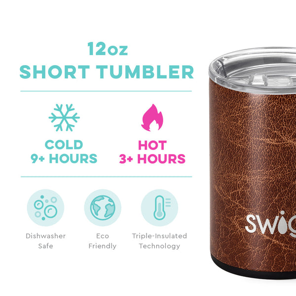 Swig Life 12oz Leather Short Tumbler temperature infographic - cold 9+ hours or hot 3+ hours