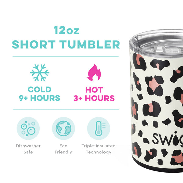 Swig Life 12oz Luxy Leopard Short Tumbler temperature infographic - cold 9+ hours or hot 3+ hours